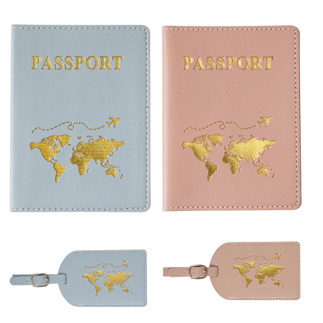 Set di 4 portapassaporti e targhette per bagagli, custodia per passaporto da viaggio francese, protezione con blocco RFID, carte d'imbarco,biglietti da visita, per uomini e donne (blu, rosa)