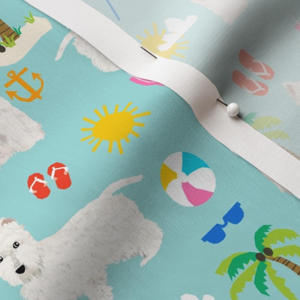 Spoonflower Fabric - Westie Dogs Beach Summer Tropical Light Blue Dog West Highland Terrier Printed on Cotton Poplin Fabric by The Yard - Sewing Shirting Quilting Dresses Apparel Crafts