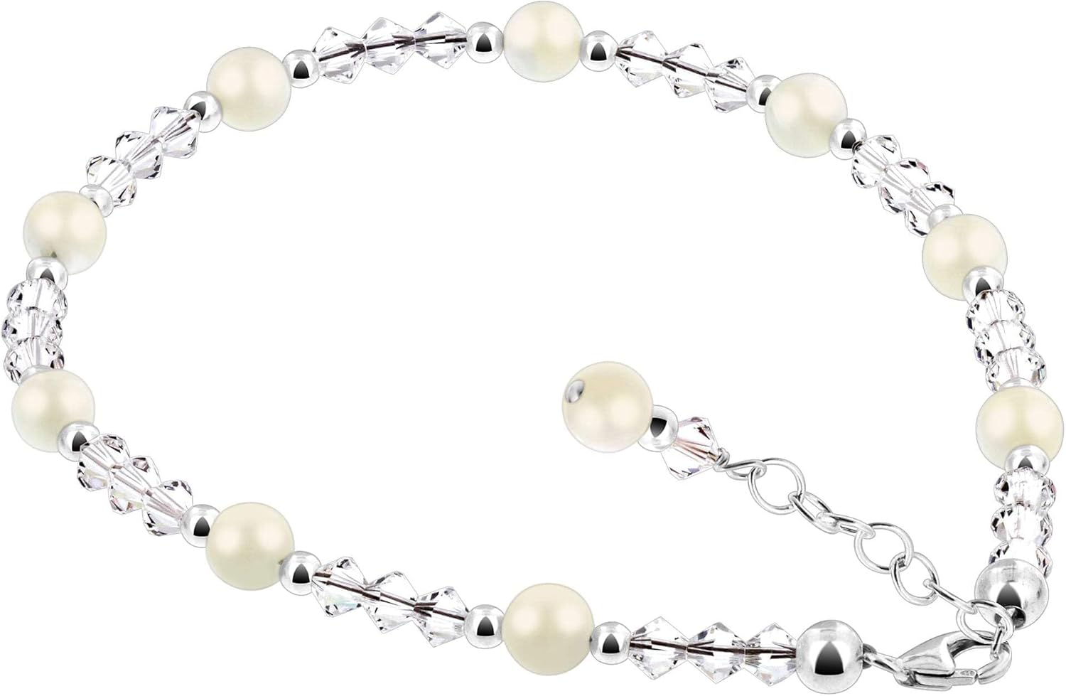Gem Avenue White Simulated Pearl & Clear Austrian Crystals 9 to 11 Inch Long 925 Sterling Silver Adjustable Anklet for Women