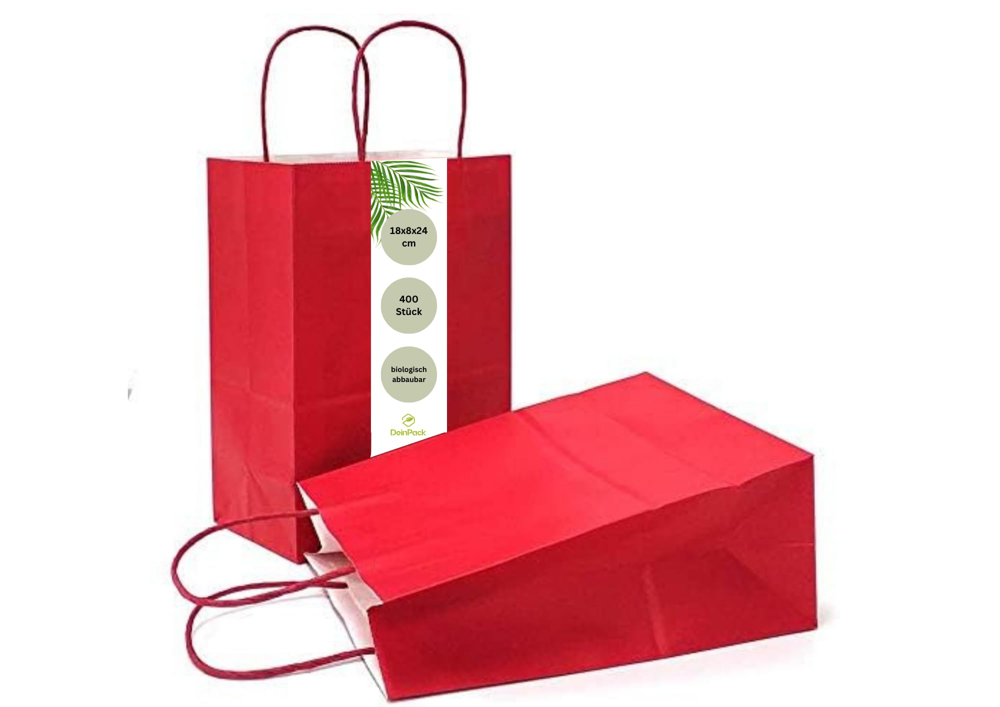 400 Papiertüten 18 x 8 x 24 cm aus Kraftpapier, Papiertüten mit Henkel, Geschenkverpackung, Geschenktüten, Gastgeschenke Tüten, Mitgebseltüten, Geschenktüten Set - rote Papier Tüten