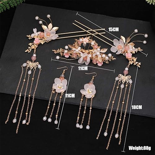 Miniatura 3 de Houchu Palillos de pelo chinos Hanfu larga borla palo de pelo flor cristal perla horquillas estilo clásico tradicional hecho a mano joyería