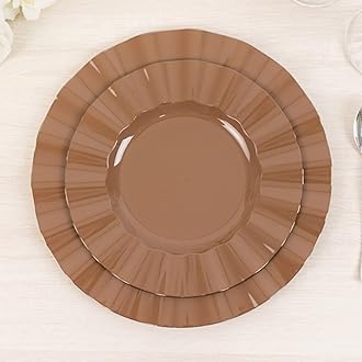 Efavormart 10 Pack Hard Plastic Dinner Plates with Gold Ruffled Rim, Heavy Duty Coffee Brown Disposable Round Dinnerware 9"