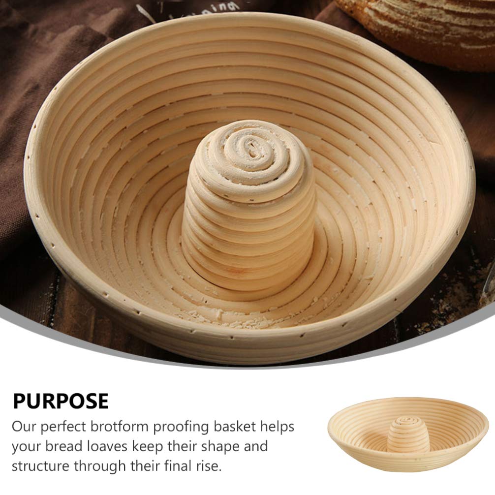 Pan Banneton Cesta de prueba Circular Brotfom Masa Proving Bowl Anillo tejido a mano Redondo Rattan Couronne Sourdough Lame Pan Rising Basket with Center Riser 22X8CM / 42