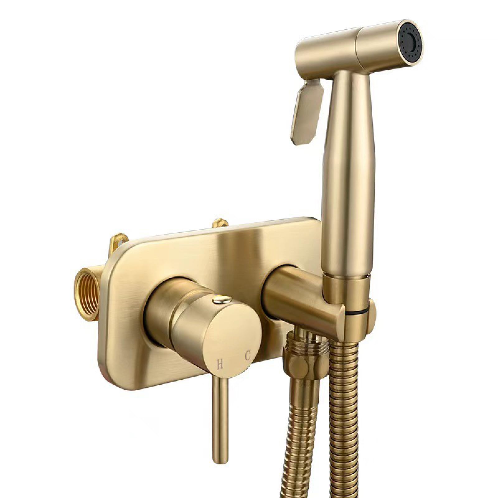 Bidet Handbrause für WC,Einhebelmischer mit Warm- und Kaltwasser Inklusive Schlauch,Adapterventil und Spritzpistole Geeignet Zum Baden Von Haustieren/Körperpflege,Gebürstetes Gold
