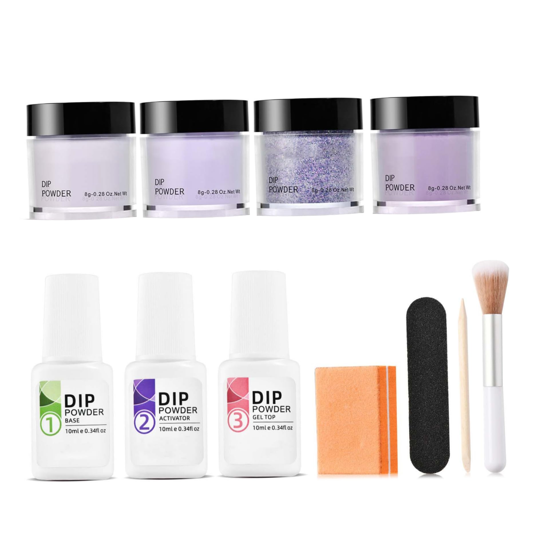 Kit de poudre de trempage pour ongles, 4 couleurs, sans danger pour la peau, comprend une base activatrice/couche finition, un pinceau, un bâton tampon, violet, bleu, longue durée, pour débutants