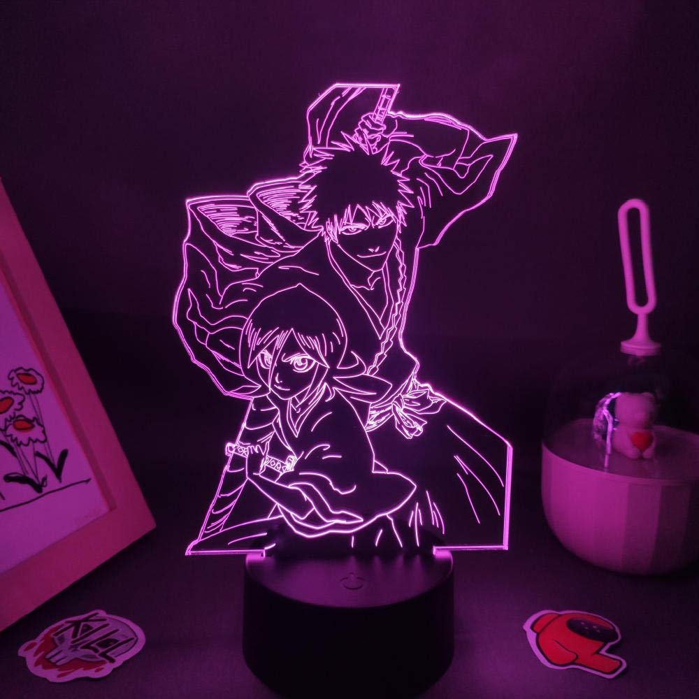 KJsdaADSA 3D Illusion Light Led Night Light Bleach Anime Figure Kurosaki Ichigo Shikai and Kuchiki Rukia Manga Birthday Fun Gift Room Table Lamp Decor Remote Control