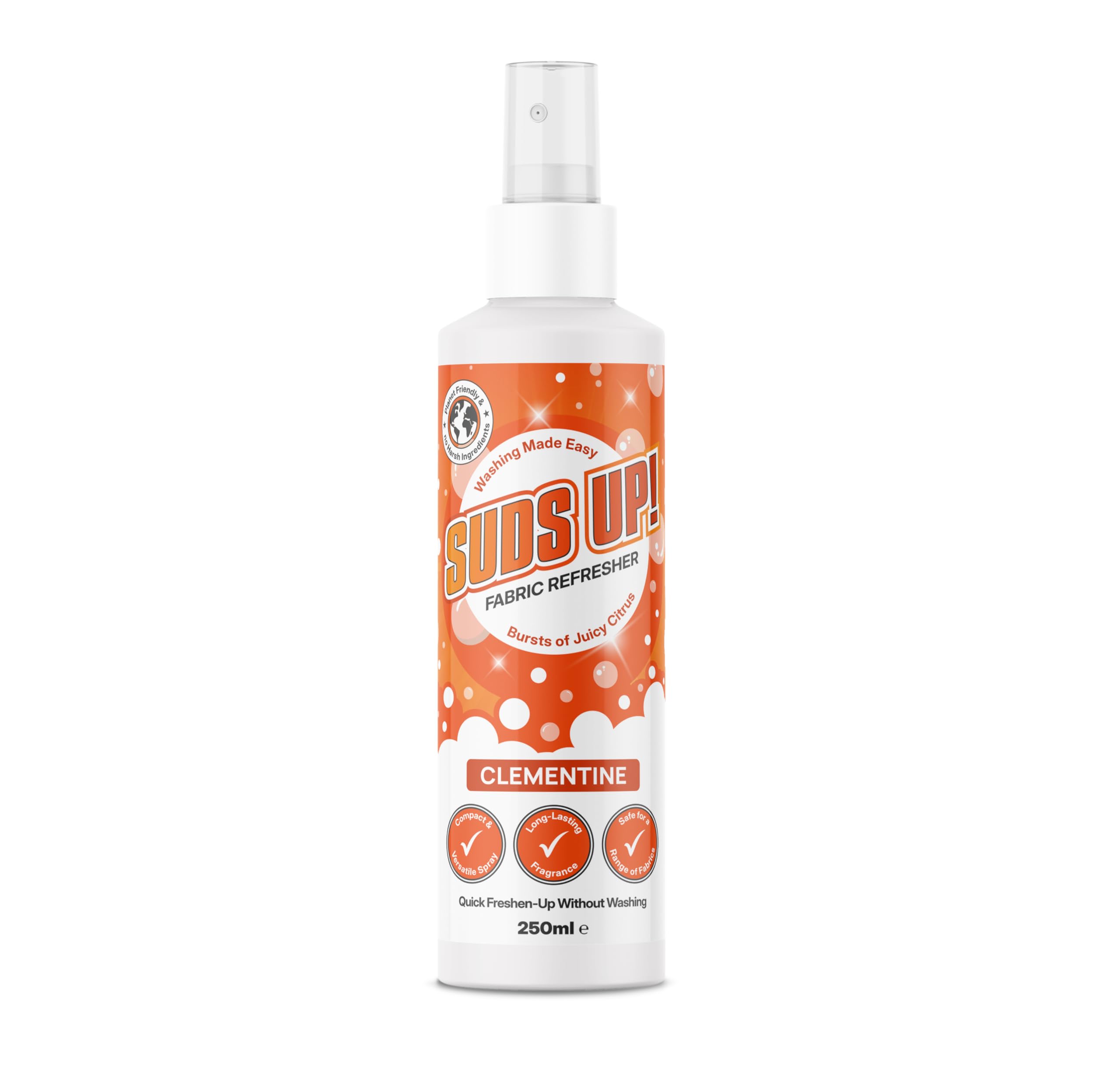 Suds Up! – Fabric Refresher Spray 250ml Clementine – Odour Eliminator for Clothes, Bedding & Upholstery – Freshens Between Washes with Long-Lasting Scent