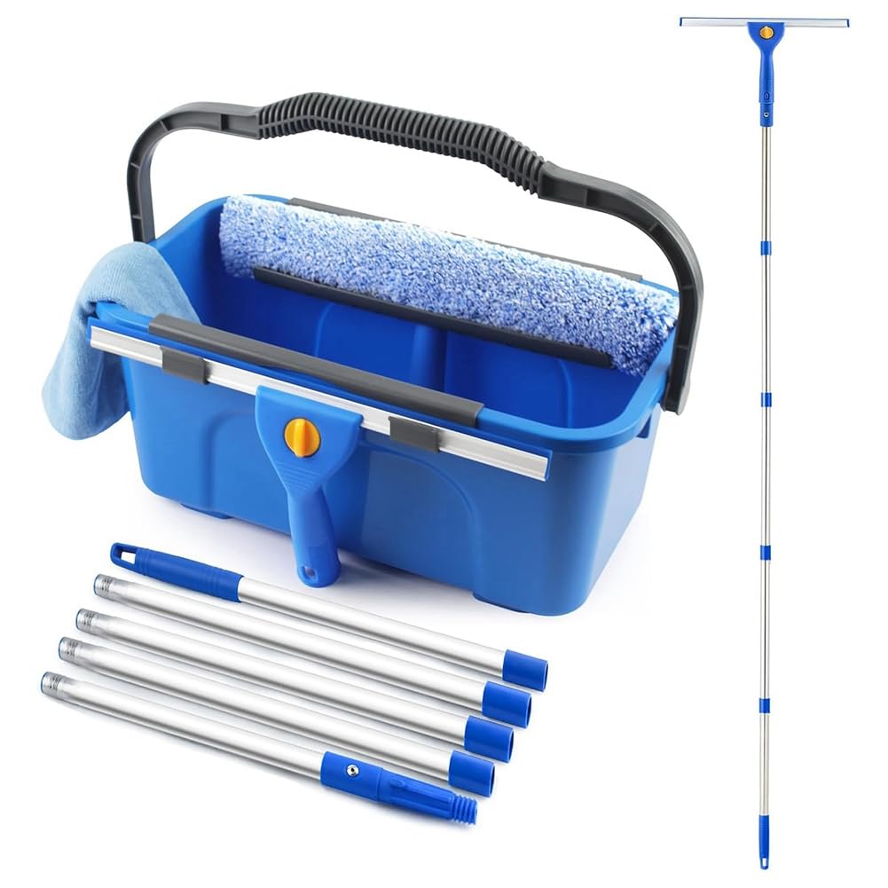 Hndhbfgrt Long Handle Window Squeegee and Microfiber Scrubber Included in Window Cleaning Kit with Bucket Window Washing Equipment