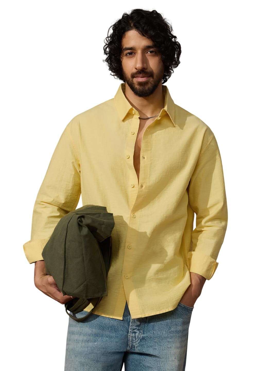 the souled store Textured Shirt: Buttercream Men and Boys Long Sleeves Spread Collar Yellow Solid Cotton Blend Crinkled Relaxed Fit Textured Lightweight Everyday Casual Shirt-picture-26