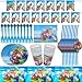 Babioms Reusable Set di Stoviglie per Feste, include tovaglia, Piatti di carta, Fazzoletto di carta, Bicchieri di carta, Cannucce, Forchette,Banner, 62pcs