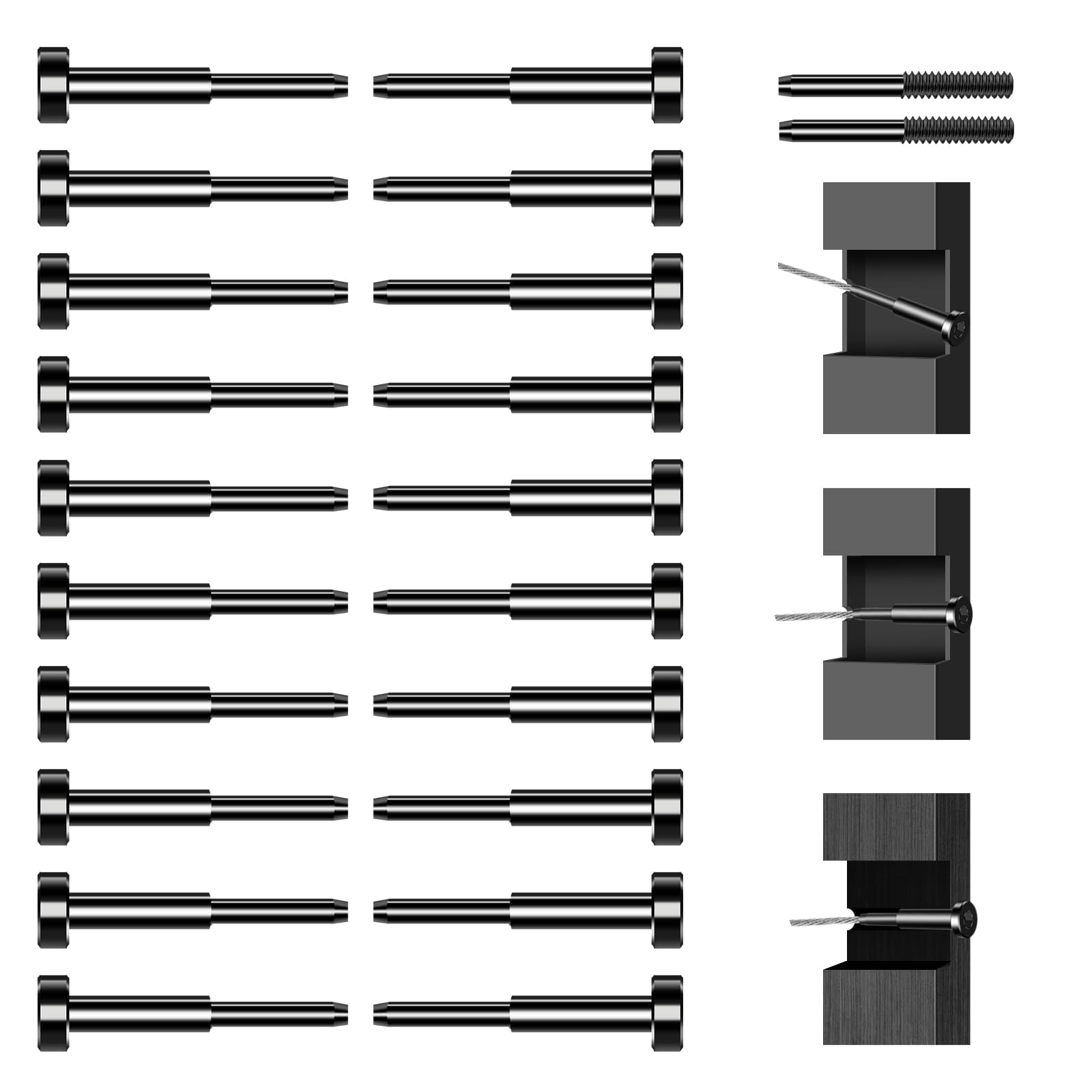 20Pack Black PVD Technology Completely Invisible Cable Railing Kits for 1/8" Wire Rope, T316 Invisible Swage Tensioner Cable Railing Hardware with 2 Piece Spare Thread Stud for 2"x2" Deck Post