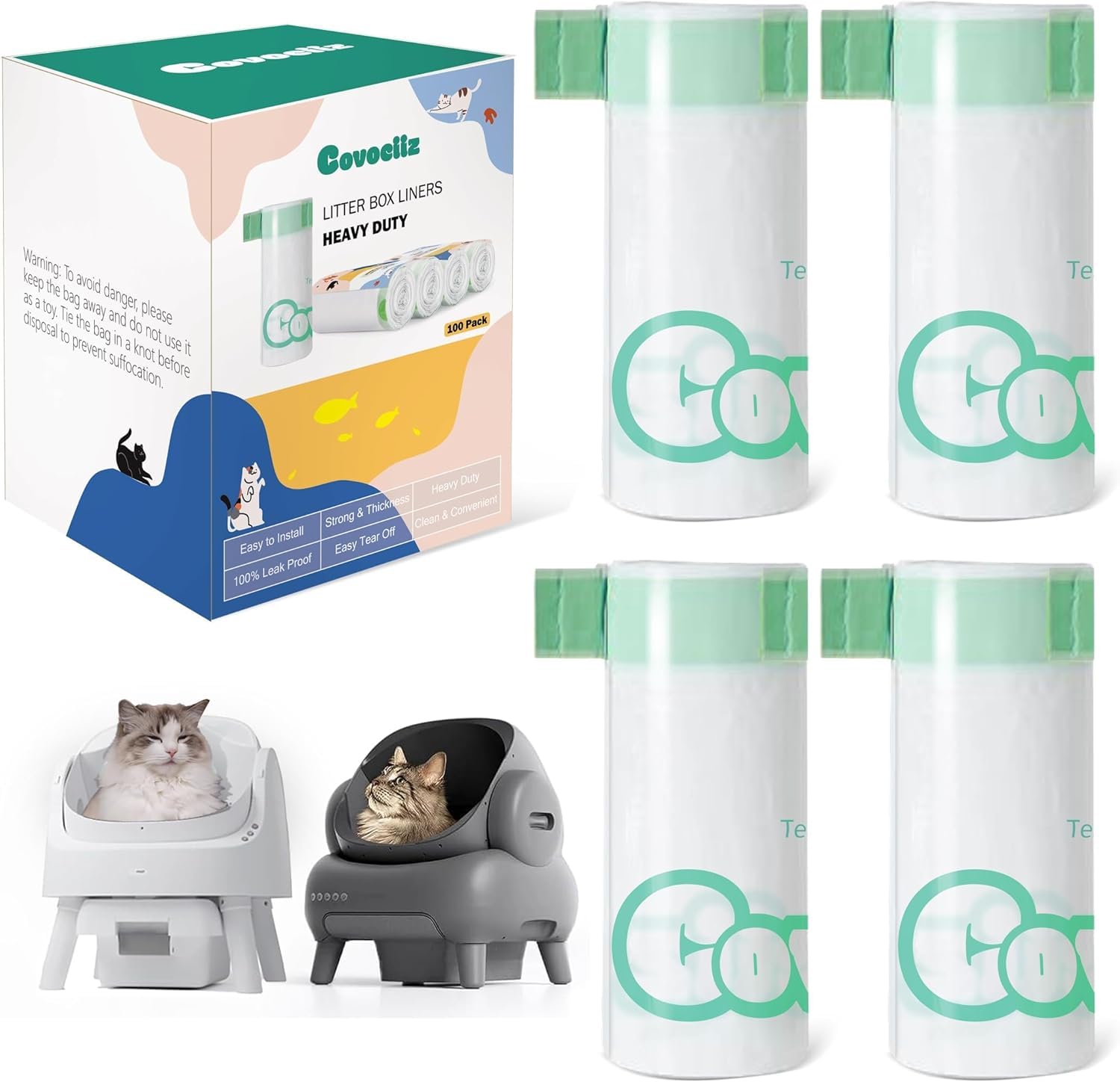 Photo 1 of 100 Count Cat Litter Box Bags for Neakasa M1 and PetPivot Autoscooper 11 Open-Top Self-Cleaning Cat Litter Boxes, Extra Thick Drawstring Leak-Proof Waste Bags, Unscented, 27" x 13"