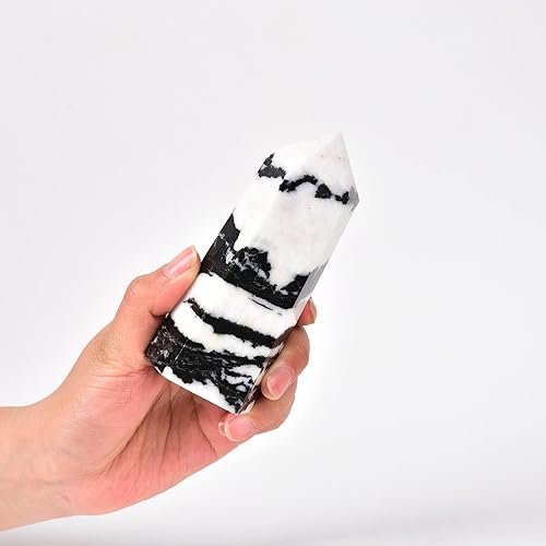 Miniatura 3 de JIC Gem Varita grande de cristal de jaspe cebra negra con punta de torre de obelisco de cuarzo, 6 columnas facetadas, piedra preciosa curativa,