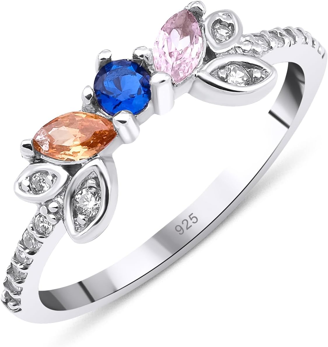 Flower Sterling Silver Ring, 3 Selectable Birthstone Ring, Christmas Gift For Her, Mothers Day Gift, Customizable Ring, Handmade Jewelry, 14K Gold Ring