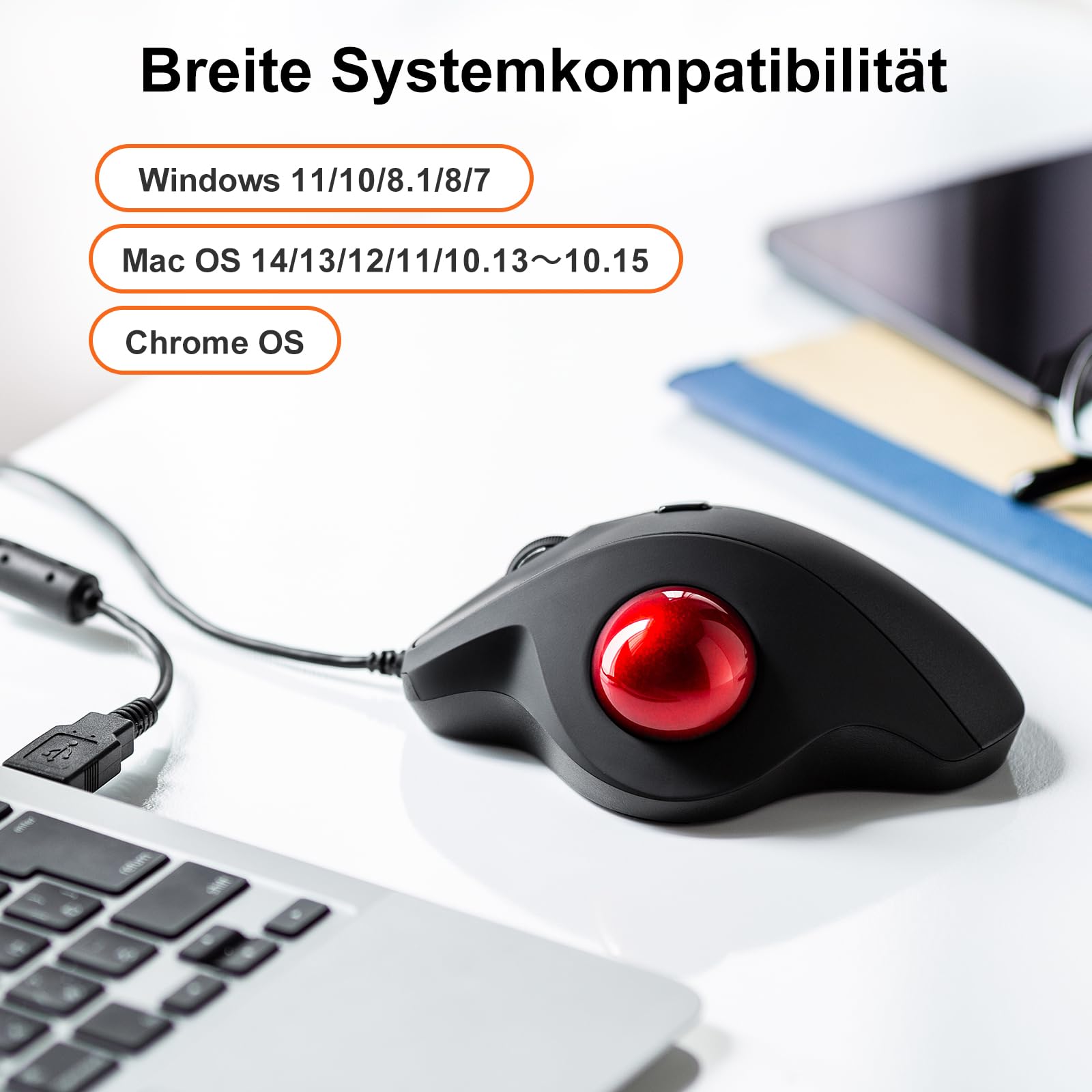 SANWA Trackball Maus mit Kabel, Leise Klik Mäuse, 600/800/1200/1600 DPI, USB-A & Type-C Anschluss, Vorbeugung Mausarm Tennisarm RSI, 34mm Ball Daumenkontrolle, Kompatibel mit Winows, Mac, PC, Schwarz