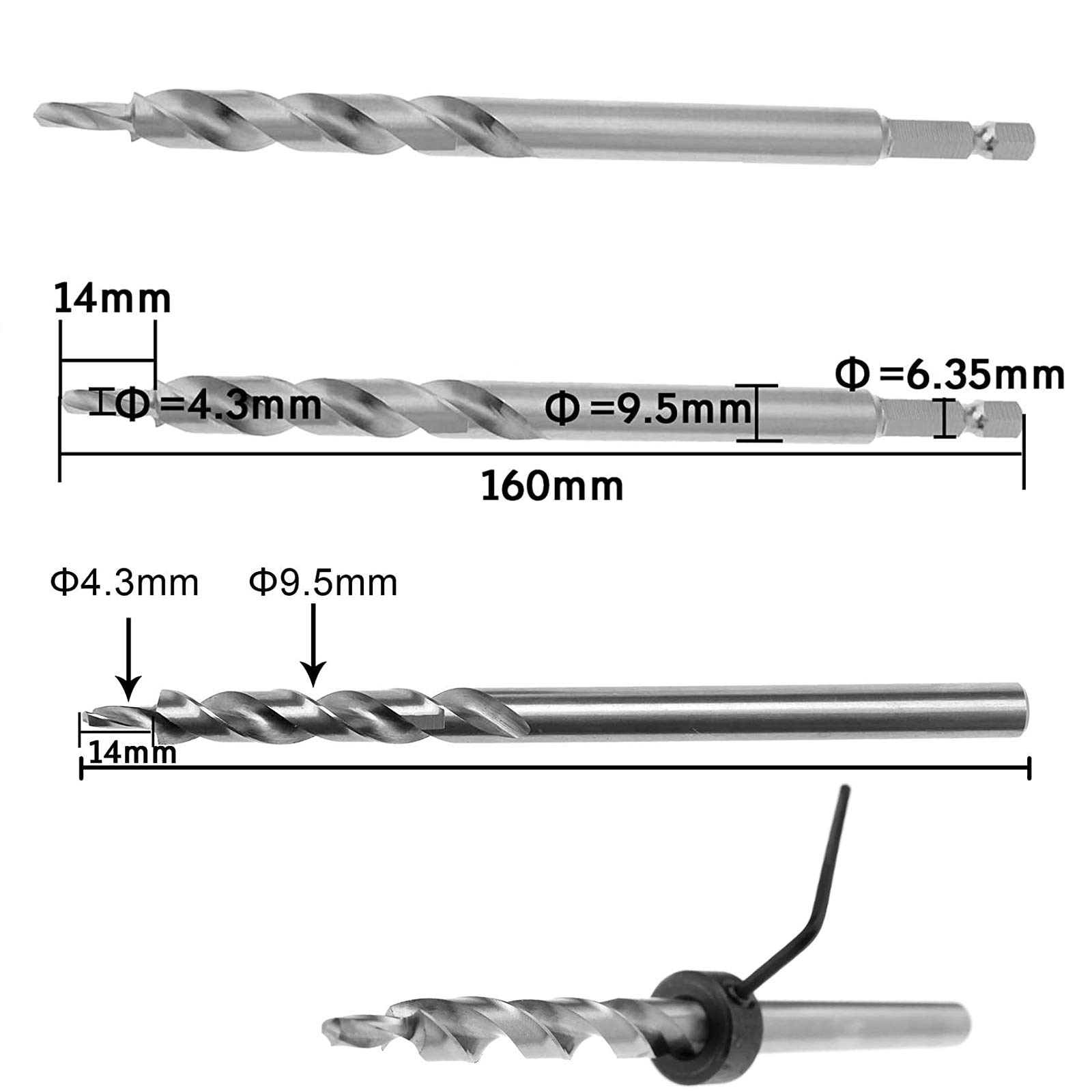 4 Stück Taschenlochbohrer 3/8 Zoll – Mit Tiefenanschlag, 1/4" Sechskant- & Rundschaft, Für Manuelle Taschenlochführungen (16 Cm)