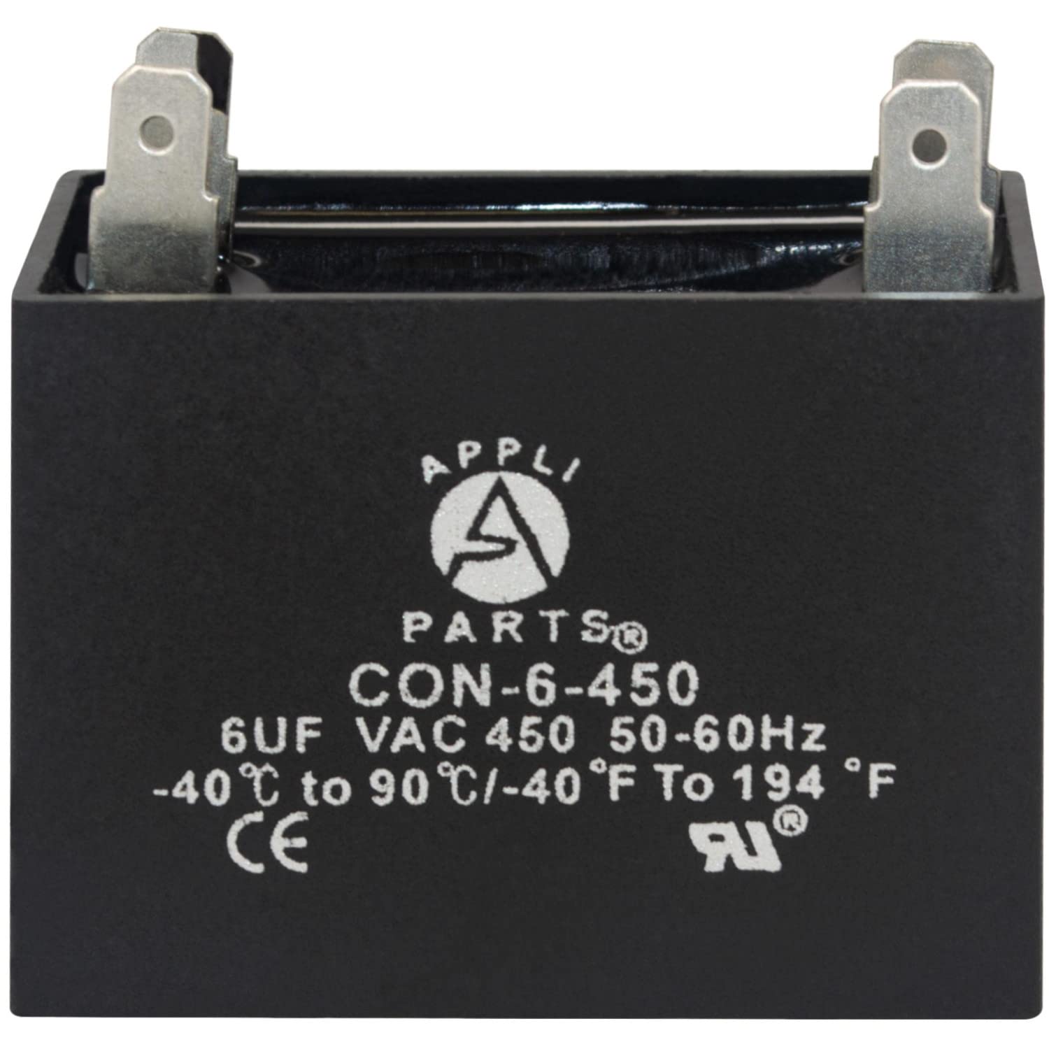 Appli Parts Fan Capacitor 6 mfd (microfarads) uf 450 VAC 4 Terminal Connections compatible with any brand within the same range of capacitance 1-7/8in Width 7/8in Depth 1-3/4in Height CAP-6-450