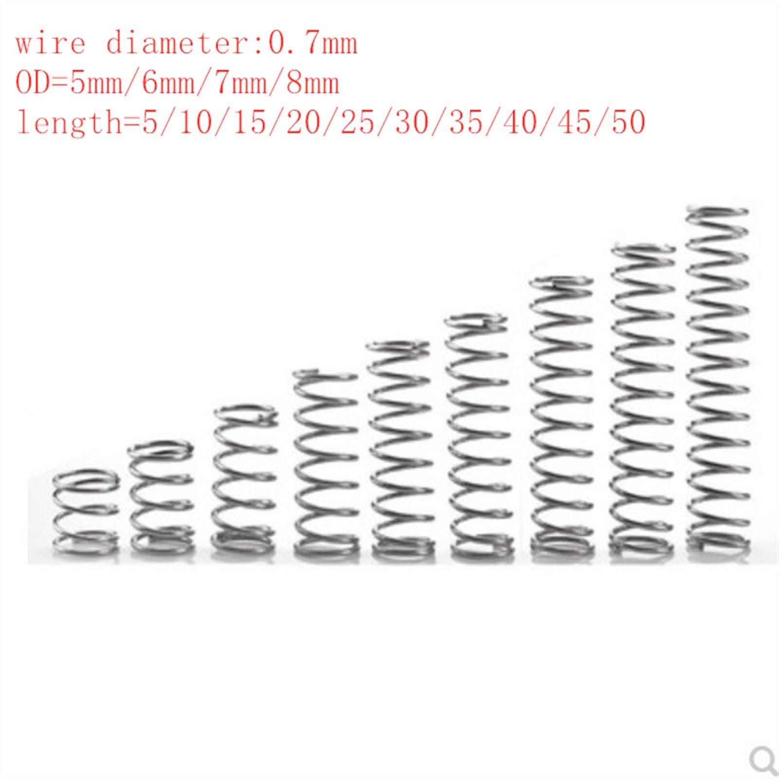 Bclla Zkenyao-Spring 20pcs/ lot 0. 7mm Stainless Steel Micro Small Compression Spring OD 5mm/6mm/7mm/ 8mm Length 10-50mm More Durable (Length : 50mm, Outer Diameter : 7mm)