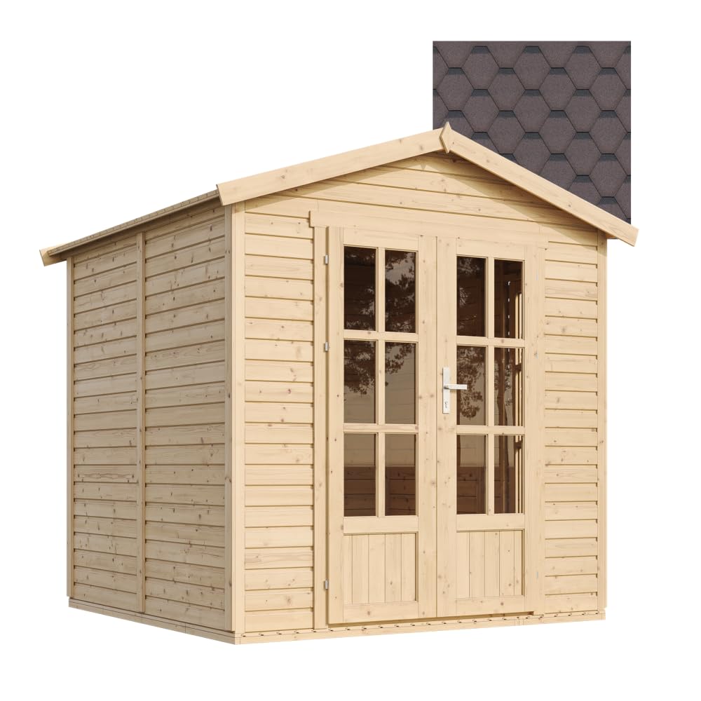 TIMBELA M351FB Cabane en Bois avec Plancher et Bardeaux Bitumineux Marron, L233xP222xH233 cm – Abri Multifonctionnel, Bureau, Atelier, Studio Jardin