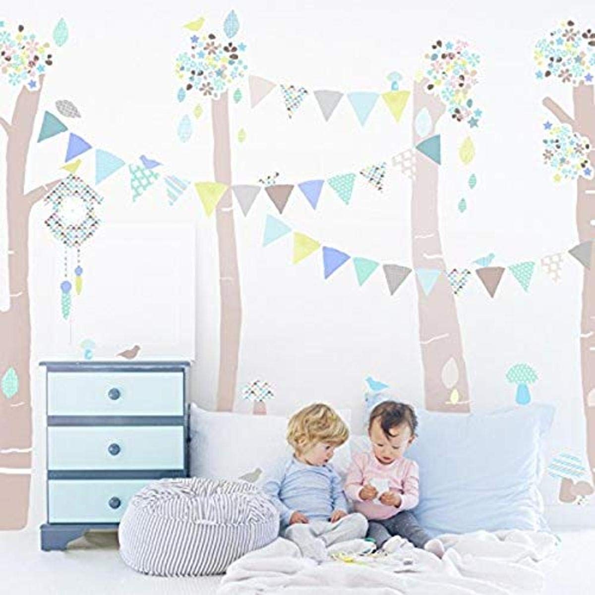 Oopsy Daisy Birch Tree Forest Blue Peel and Place, Blue/Neutral/Pastel, 54" x 60"