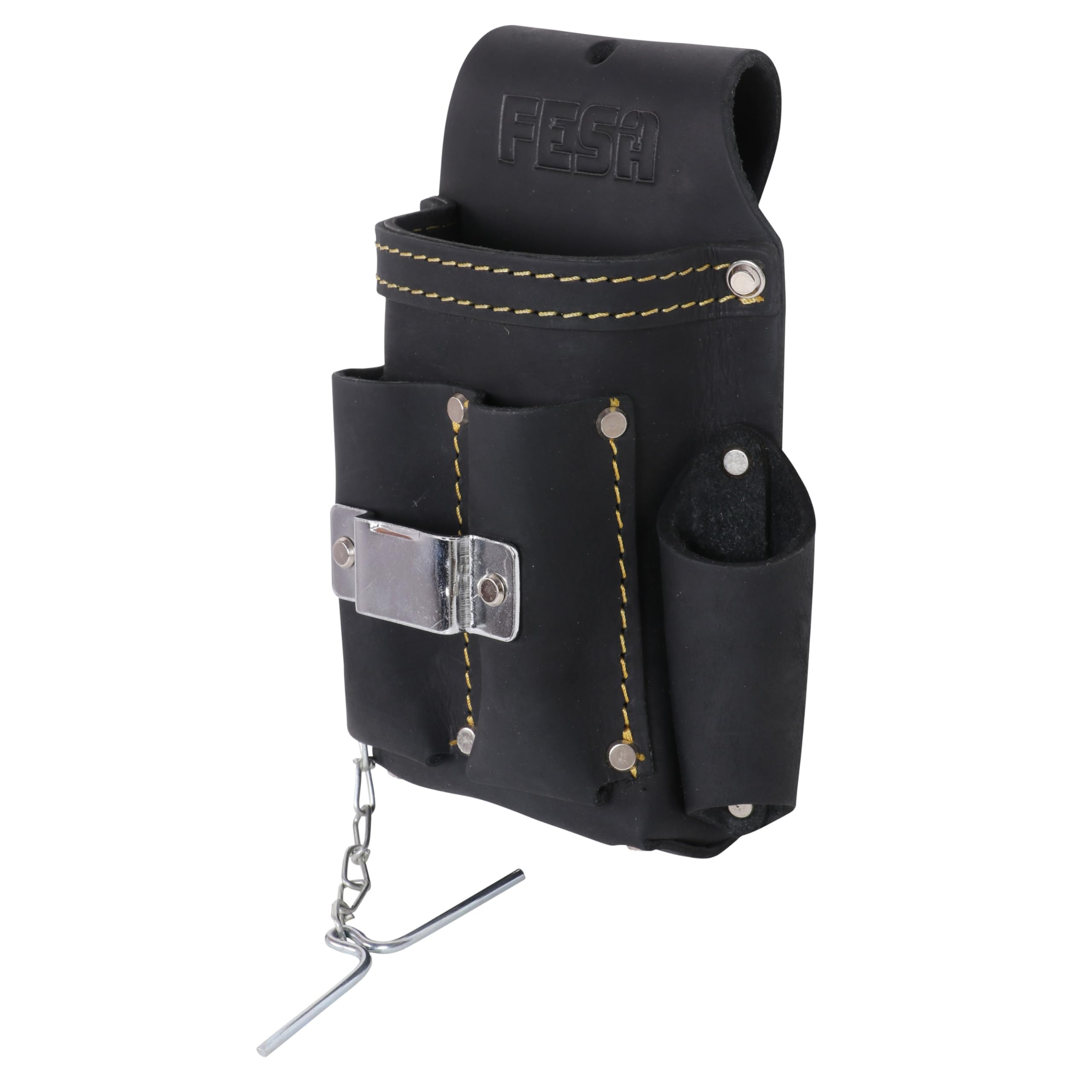 FESA Piccola borsa per attrezzi da elettricista, in pelle, 7 in 1, con metro a nastro in acciaio o clip per trapano, catena a T e 5 tasche, clip su qualsiasi cintura, realizzata a mano