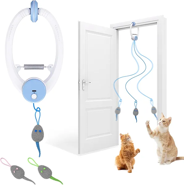 Kezlume Cat Toy Interactive for Indoor Cats, Smart USB Rechargeable Door Hanging Automatic Retractable Kitten Toys, Teaser Electronic Self Play Feather Cat String Toy Attached with 3 Catnip Mice White