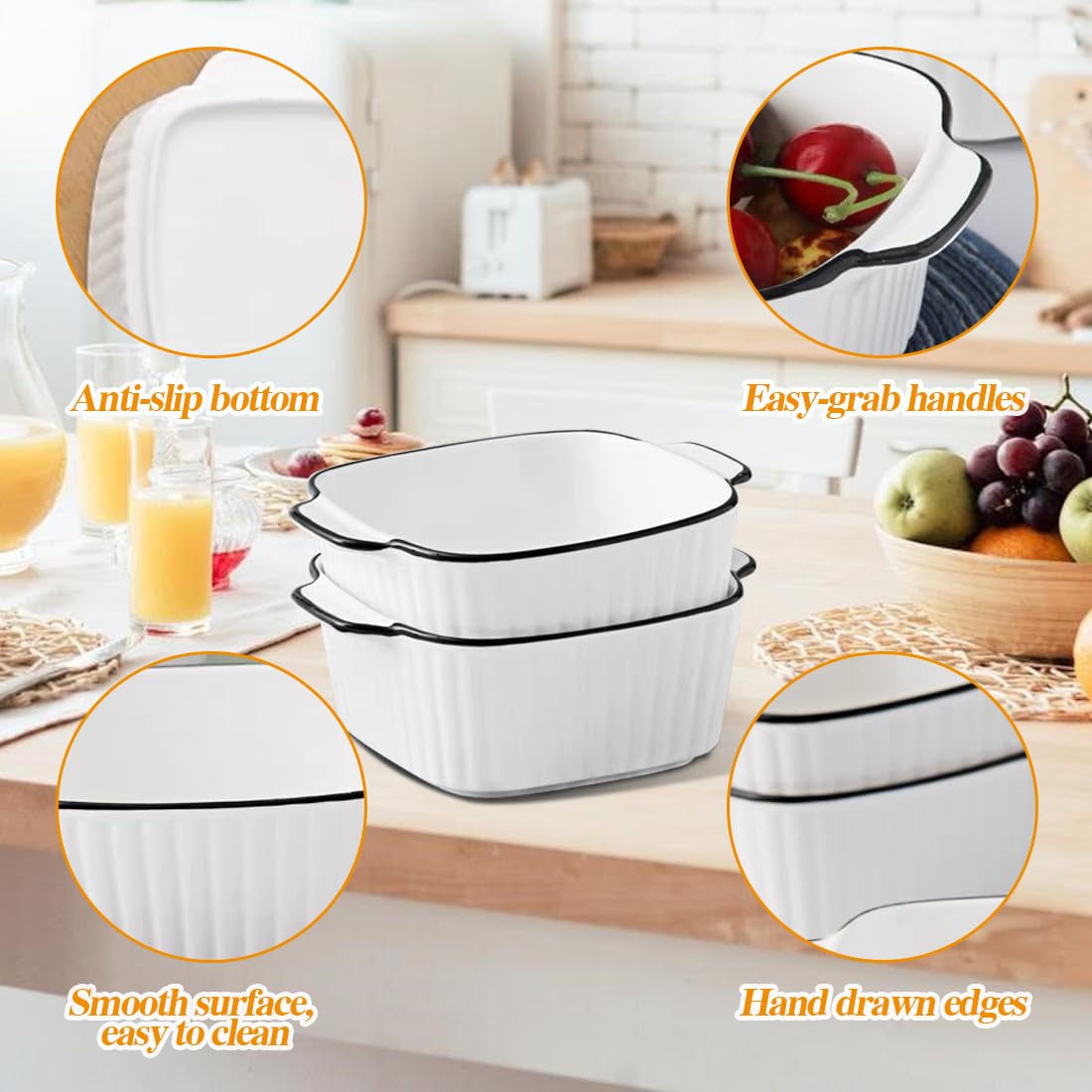 Lot de 4 plats à gratin carrés en céramique - 14,5 x 11,5 x 5,5 cm - Avec poignées - Empilables - Pour friteuse, four et micro-ondes - 400 ml