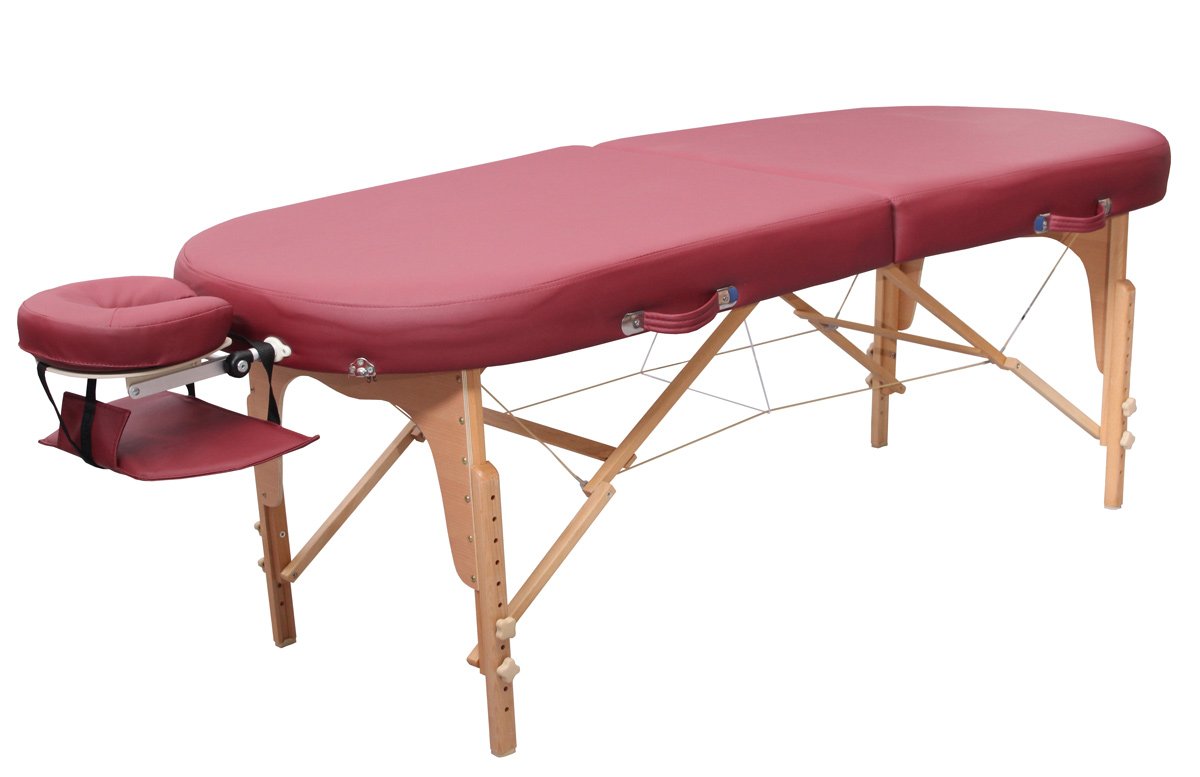 ZEN - Lettino massaggio ovale FlatTop pieghevole & regolabile - Tavolino massaggio legno massiccio angoli rotondi per massaggi attivi - Panchina massaggi con poggiatesta, braccioli e borsa (bordeaux)