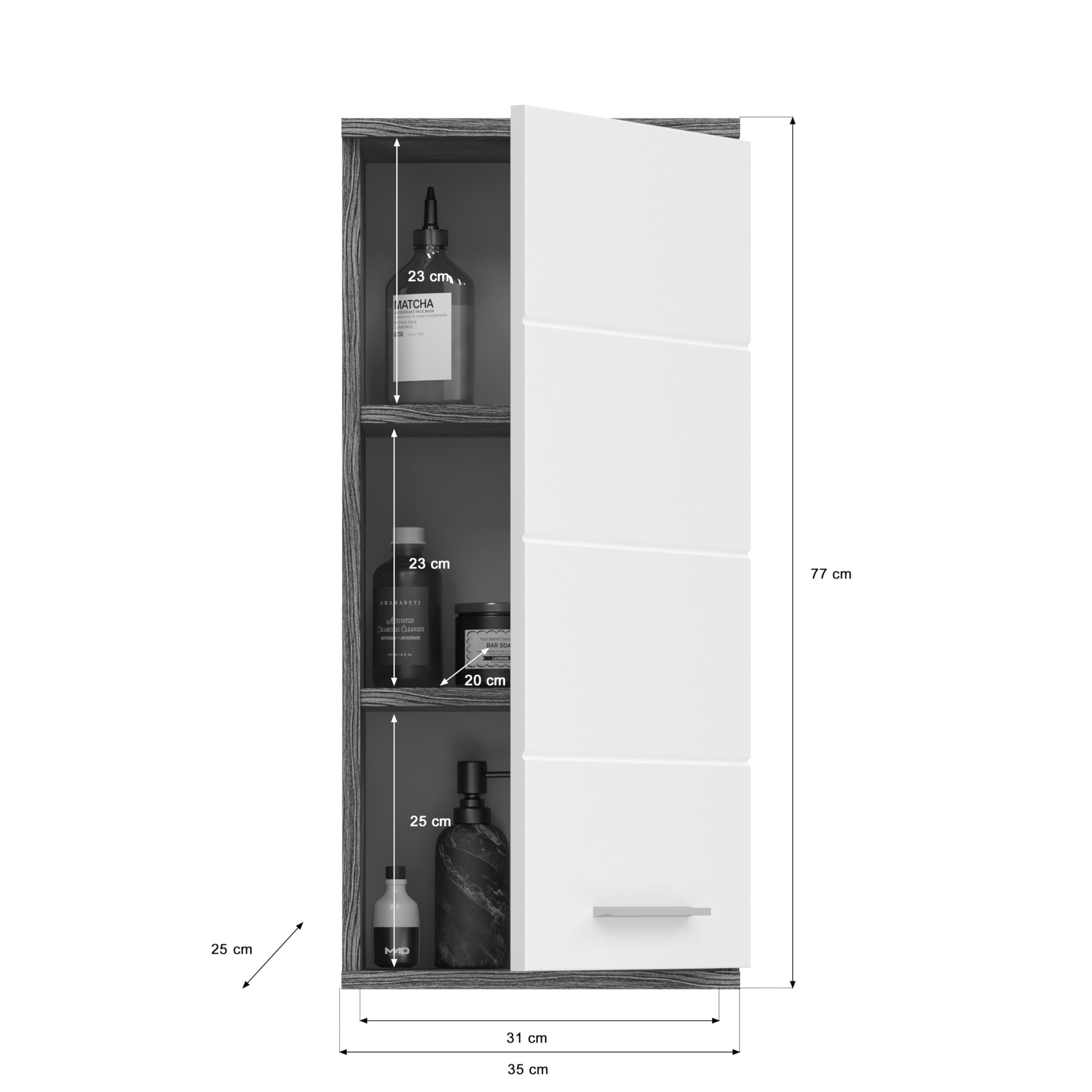 xonox.home - Hängeschrank Blake 35x77x25 cm in rauchsilber und weiß Hochglanz - Badschrank Badmöbel Wandschrank - stabile Konstruktion stilvolles Ambiente schöne Hochglanz Front