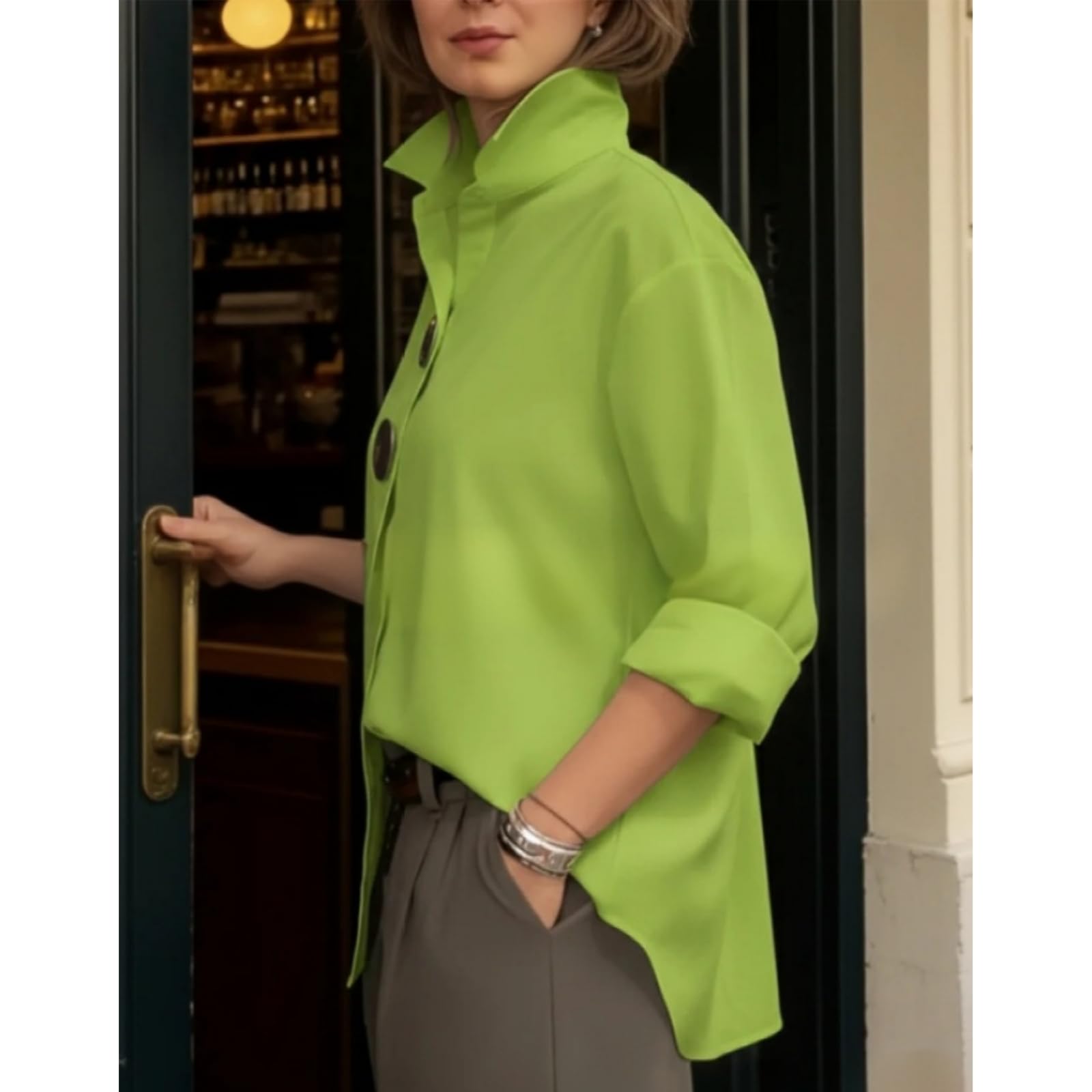 Elegante Blusa para Mujer con Cuello Alto y Botones metálicos – Camisa Oversize de Manga Larga, Top Casual de Color Liso para Primavera.