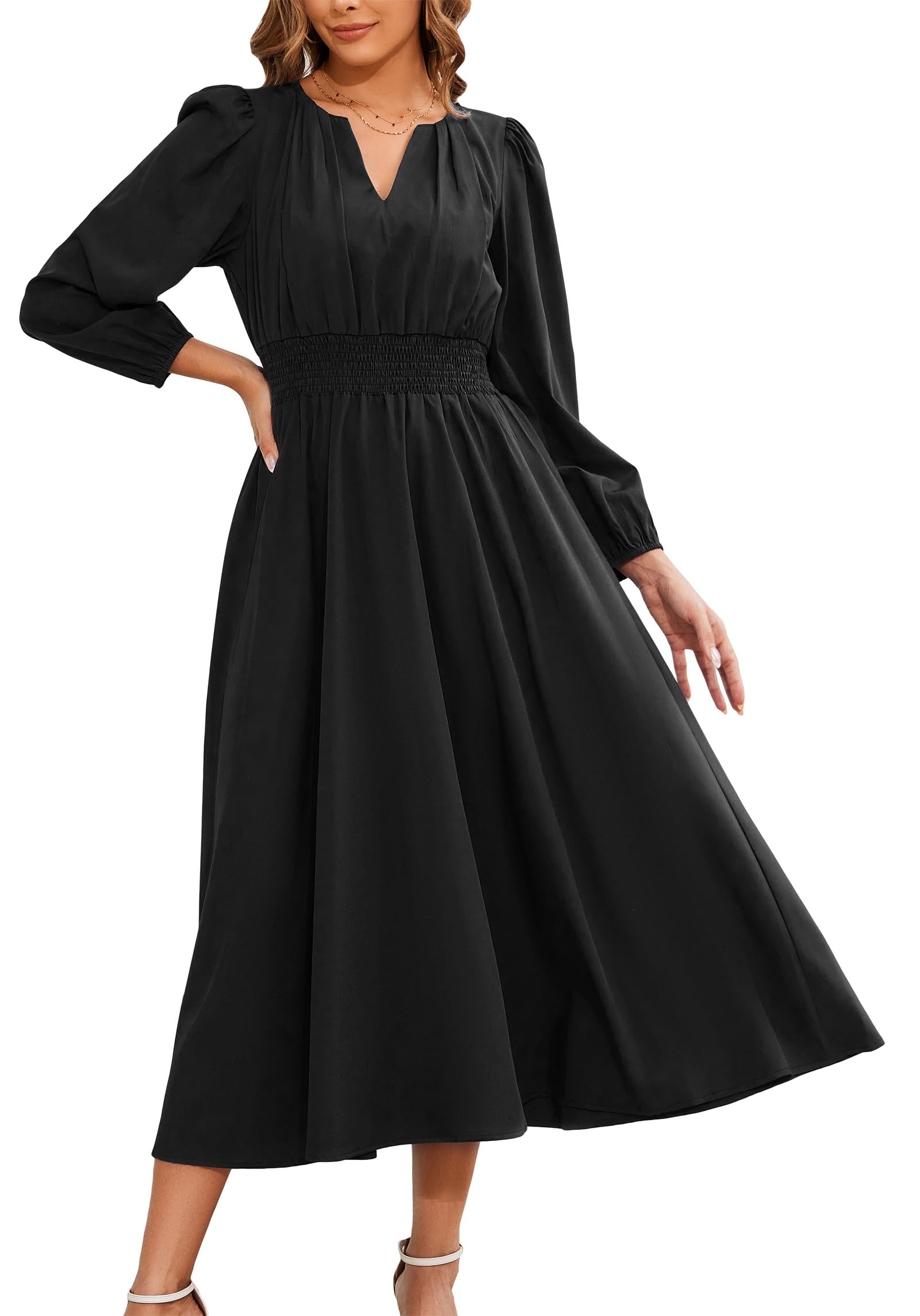 Women's Fall Maxi Dress Long Sleeve V Neck Casual Flowy A Line Cocktail Party Wedding Guest Dresses