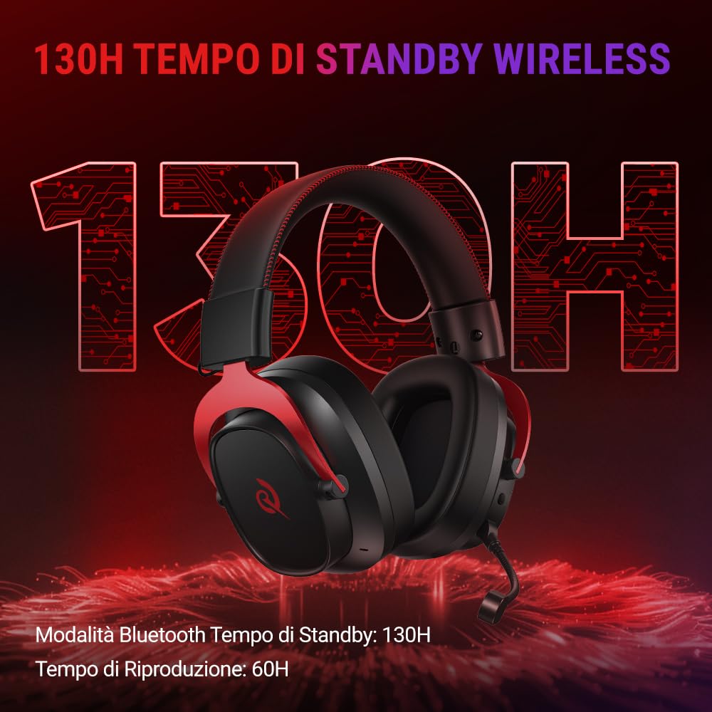 QCY Cuffie Gaming Wireless per PC/PS5/PS4/Switch, HEROAD VT200 Cuffie Over Ear, Audio Surrounqchd 7.1, Cuffie Gaming 2,4GHz Wireless+Bluetooth 6.0, Microfono Staccabile, Batteria da 130 ore -RossoNero