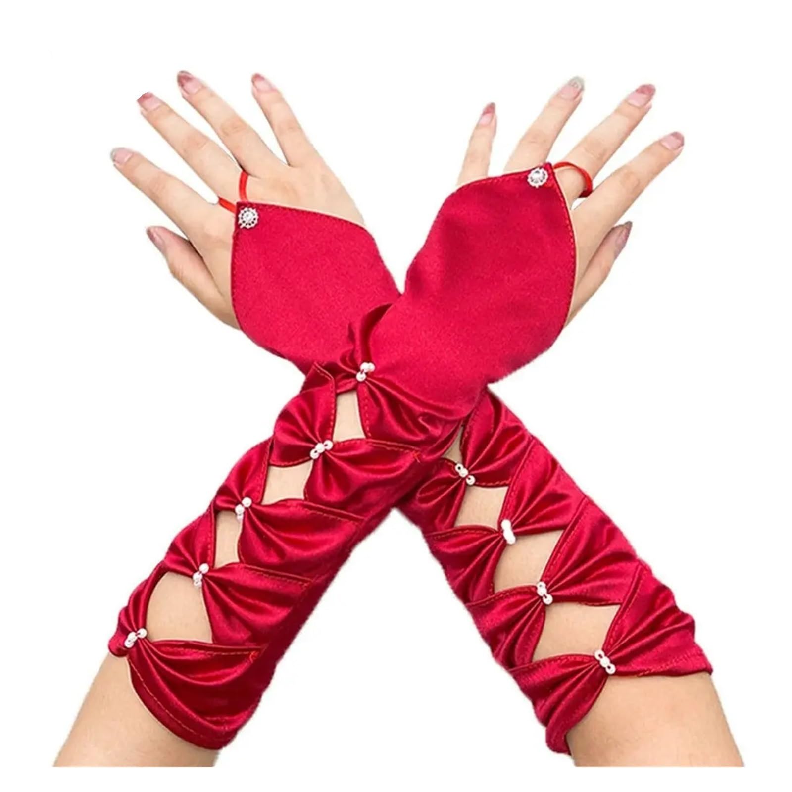 Guantes De SatéN Guantes de novia de boda elástico largo satén plisado Bowknot codo verde azulado guantes sin dedos fiesta de noche guantes de niña