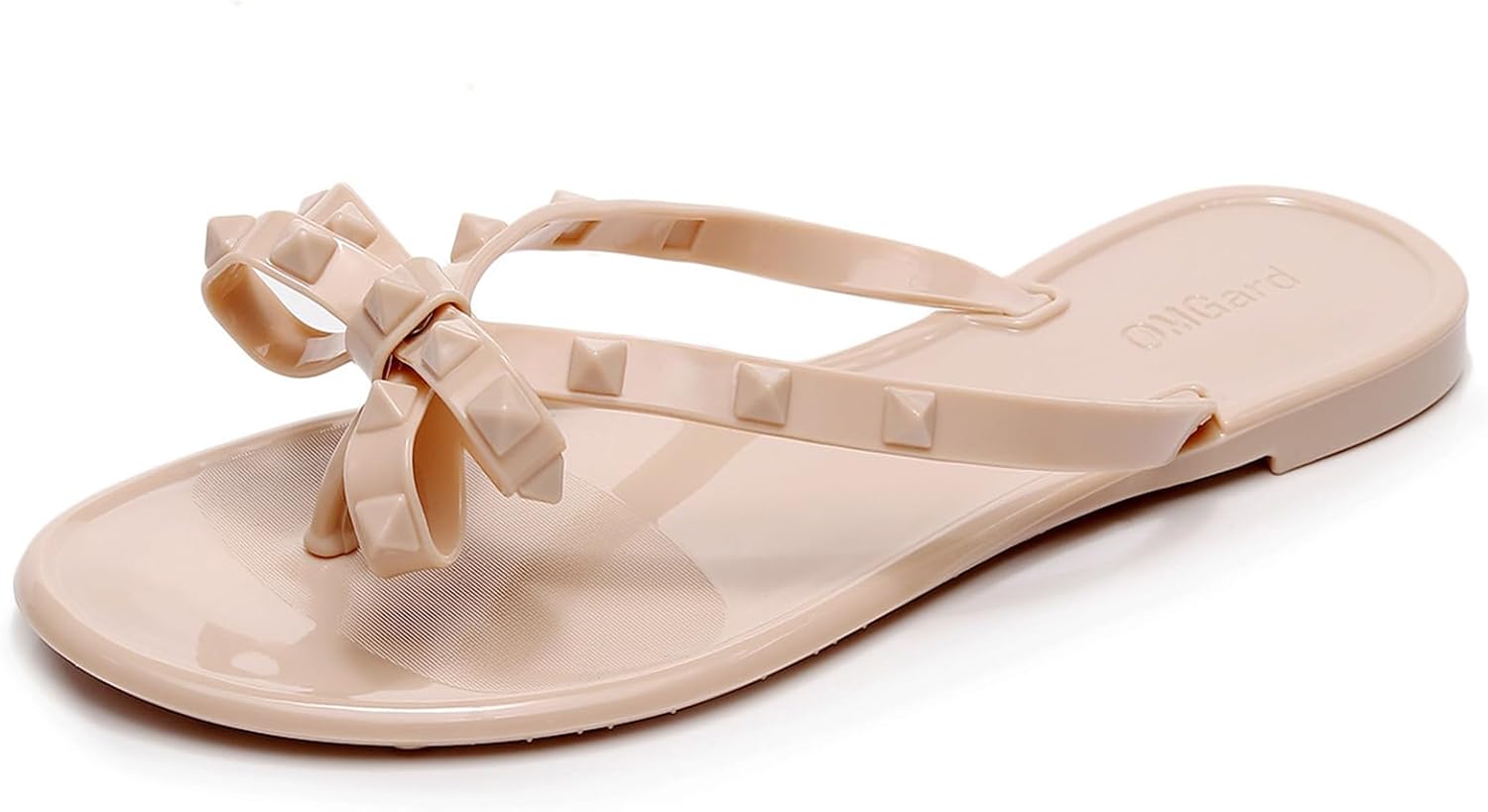 OMGard Studded Jelly Shoes for Womens Bow Flip Flops Jellies Sandals Flat Black Summer Beach Thong with Rivets Strappy Slides Slip On