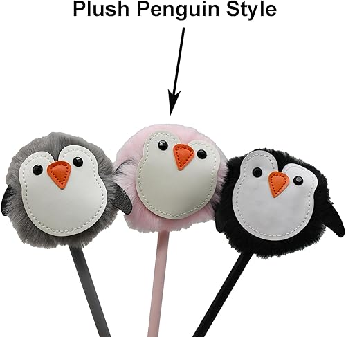 Miniatura 3 de Maydahui 6 bolígrafos de felpa con forma de pingüino, bolígrafos de gel con bola de piel esponjosa en tinta negra para oficina, escuela y fiesta