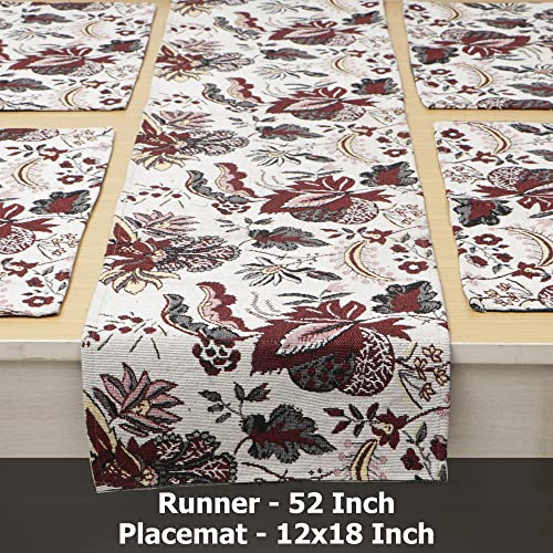 Image of HOKIPO Cotton Jacquard 4 Placemats with Runner for Dining Table 4 Seater (IN530-D4*4+IN531), Large, white spring flower
