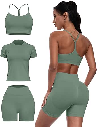Women 3 Piece Workout Sets Seamless Running Tops Athletic Gym Yoga Shorts Sports Bras Outfits