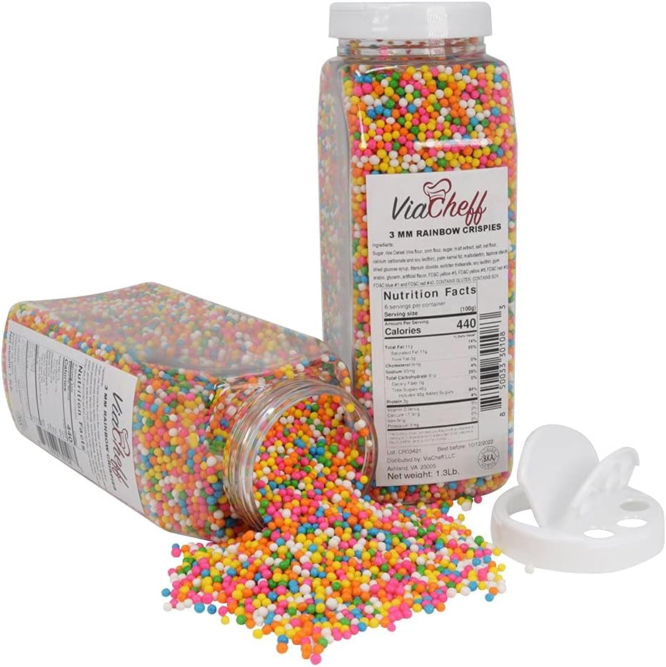 Rainbow Crispies (3mm) - Crunchy Dessert Topping to Sprinkle on Ice Cream, Cakes, Cupcakes, Cookies, Candy and Donuts. - 1.2 lb. Shaker Jar - Dairy-free