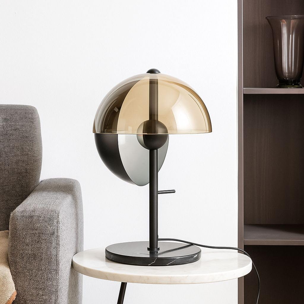 BARCELONA LED Lampa Stołowa UMBRA E27 Nowoczesny Design z Podwójnym Kloszem Czarny Metal i Bursztyn, Lampka Biurkowa z Pośrednim Światłem Bez Oślepiania Styl Industrialny