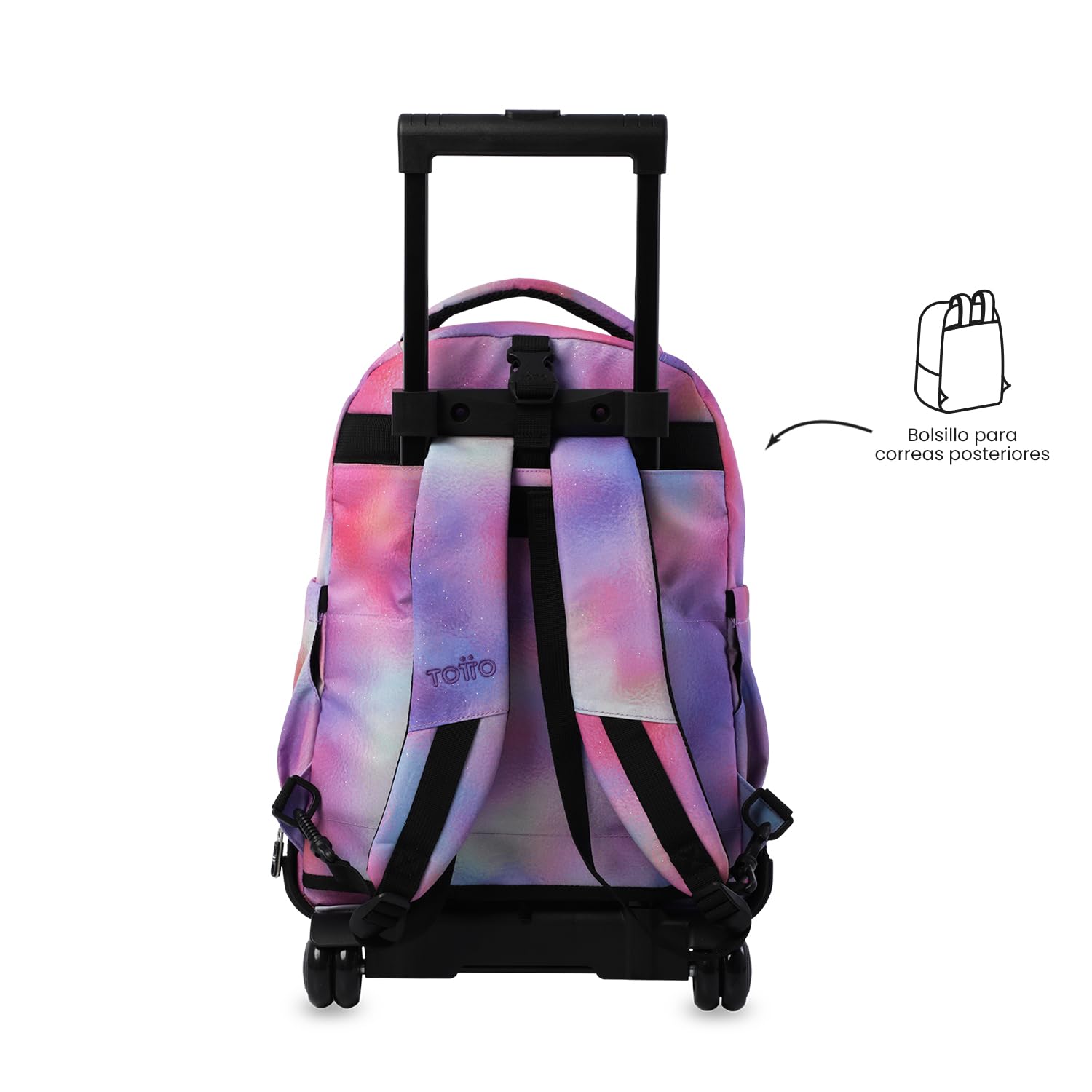 TOTTO - Mochila Escolar con Ruedas Desmontables, Modelo Tiza Glitter, Capacidad 26 L, Mochila PC 15.4", Bolsillo Botella, Manija Telescópica, Espaldar Ergonómico y Correas en S, Estampado Bloom