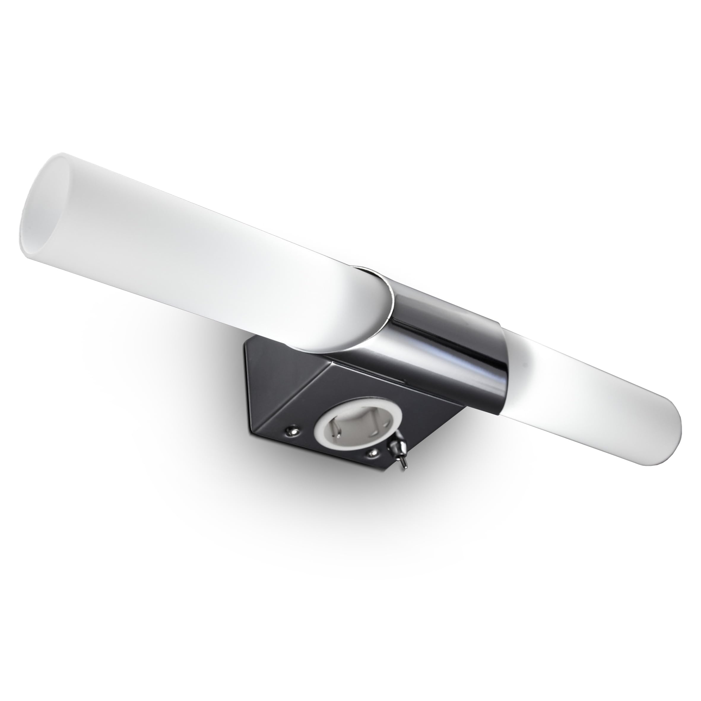 B.K.Licht - Lampada specchio bagno con presa, luce calda, interruttore a levetta, applique da bagno, luce per specchio, lampada da toletta, 44,5x6x11cm, cromo