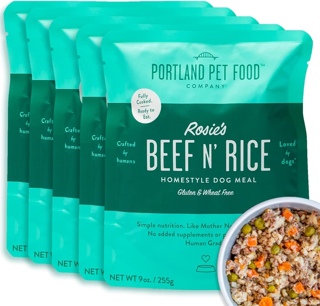 Portland Pet Food Company Rosie’s Beef N’ Rice Wet Dog Food Pouches – Human-Grade, Gluten-Free Dog Food Toppers and Meals for Small, Medium and Large Breeds – Fresh Dog Food Made in the USA – 5-Pk