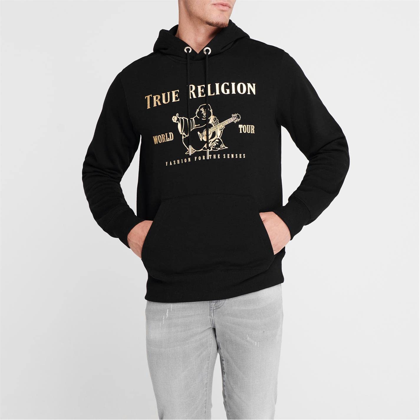 True Religion Męska metaliczna bluza z kapturem Budda polar bluza z kapturem, Czarny, L