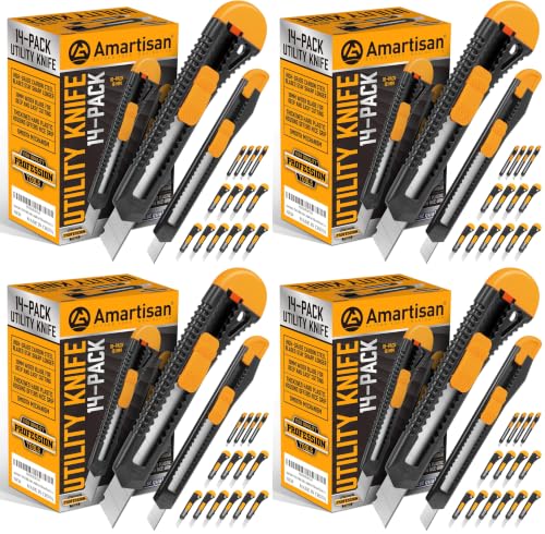Image of Amartisan 14-Piece Retractable Box Cutter, Utility Knifes for Boxes, Cartons, Cardboard Cutting, 18mm & 9mm Wide Blade Cutter, Very Suitable for Office and Home Use. (Pack of 4)