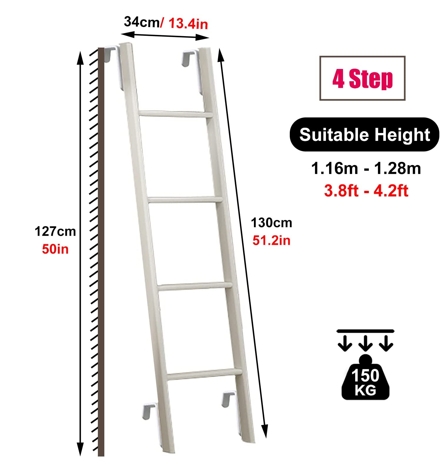 Hochbettleiter Weiße Etagenbettleiter Verstellbar - 50 Zoll/ 55 Zoll/ 59in, Austauschbares Hochleistungs -Doppelbett -Bunk -Leiter für Wohnmobile/ RV -Anhänger/ Wohnheim, Einfache Montage ( Size : 130