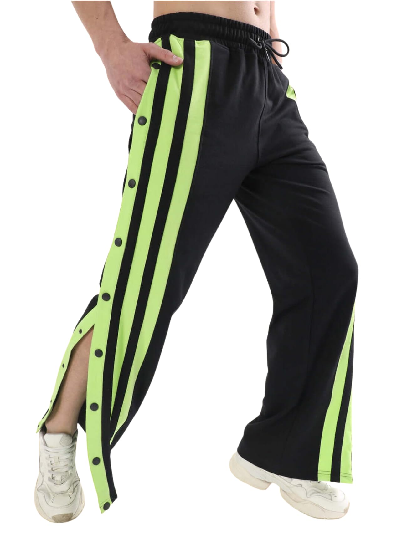 Men's Cotton Side Snap Button Track Pants with Triple Neon Green Stripes | Straight Fit | Black-image-1
