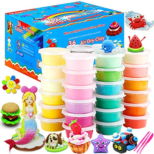 Air Dry Clay Kit, CiaraQ 36 Colors Modeling Magic Clay, Ultra Light Plasticine Clay for Kids, Teens, Beginners. Creative Art DIY Crafts. Slime add ins & Slime Supplies. 1.03kg (2.27 lb)