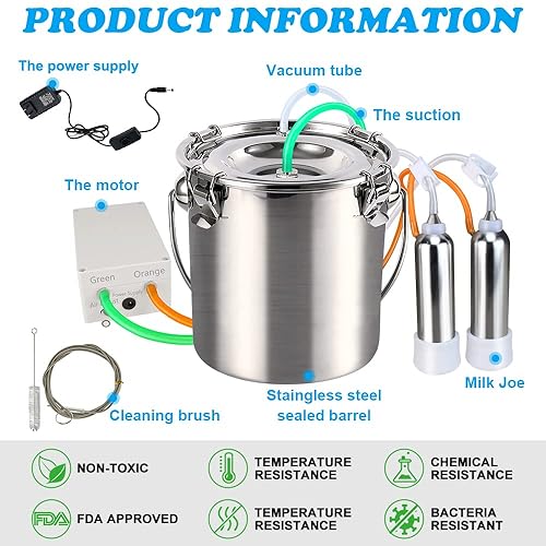 Miniatura 10 de Ordeñadora eléctrica para cabrasvacas 3L7L14L, bomba de vacío de pulsación portátil con cubo de leche de acero inoxidable, máquina de ordeño de