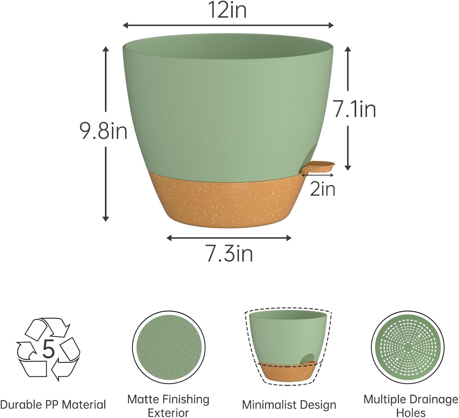 ZMTECH Lot de 2 pots de fleurs à arrosage automatique avec trous de drainage et soucoupe, pour plantes d'intérieur et d'extérieur, 30,5 cm (vert et marron)