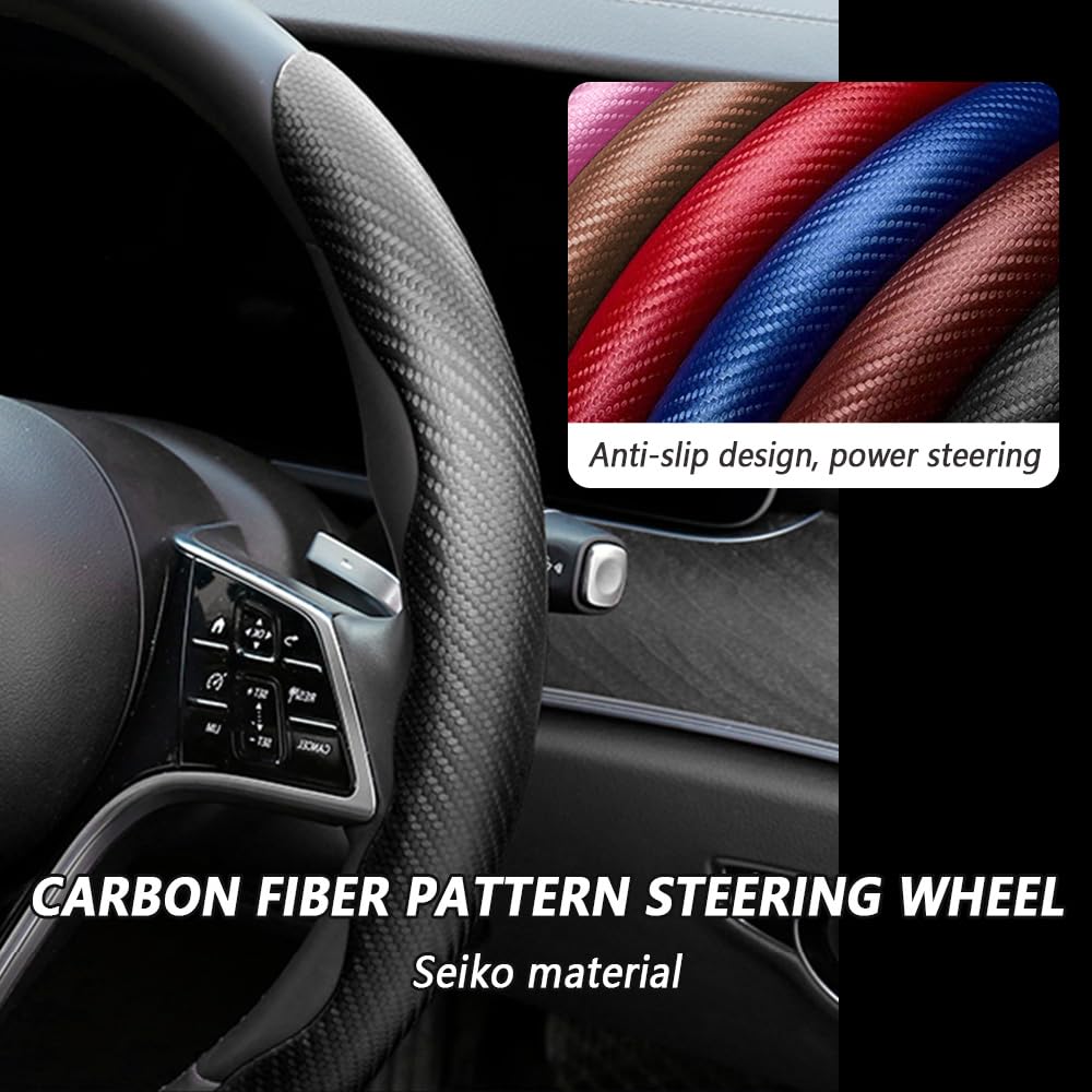 Fibra di Carbonio Coprivolante Auto,Sicuro e Antiscivolo Accessori Auto per Uomini e Donne,Universale 38cm Copri Volante per Auto,Coprimanubrio AAuto per Camion SUV (Nero)